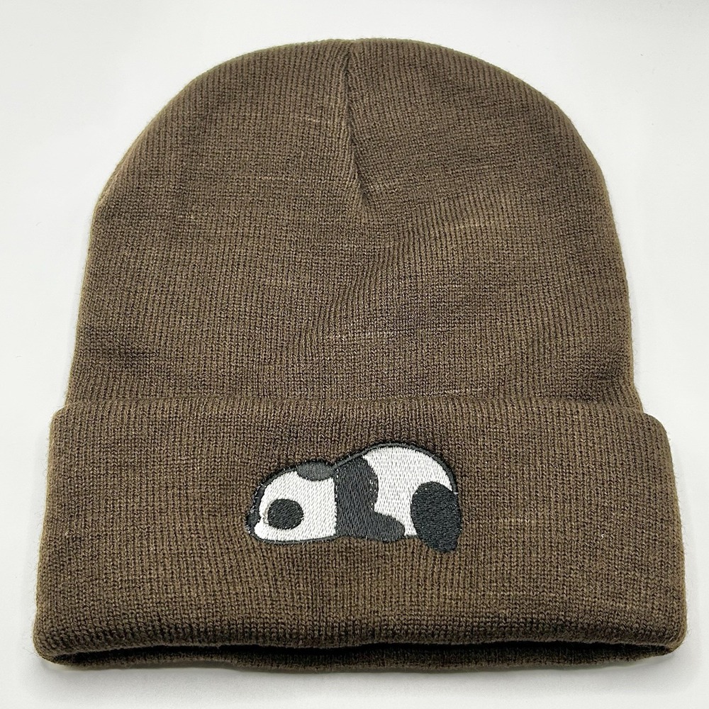 Panda Sleeping Animal Cartoon Beanie Hat Cap Knit Cuff Brown Fashion Casual